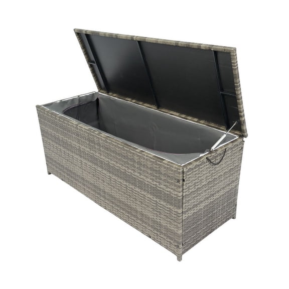 Outdoor Storage Box 113 Gallon, Grey Wicker Patio Deck Box with Lockable Lid, Weather Resistant Outdoor Cushion Storage for Pillows Towels Kids Toys Garden Tools