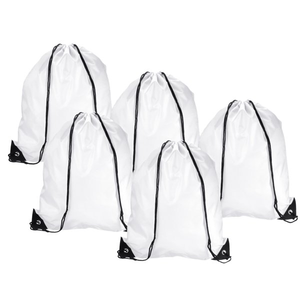 Bolsa de cuerda de nylon Uxcell 42x34cm para almacenamiento a granel, mochila, saco, paquete de 5 en blanco