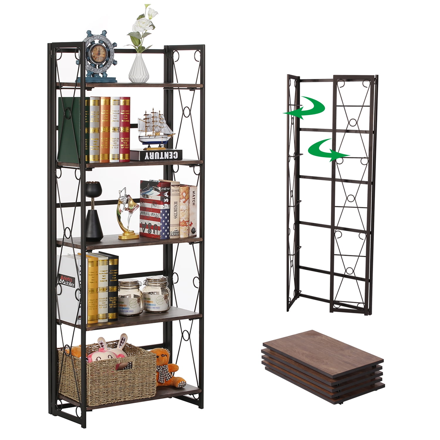 VECELO 5Tier Foldable Bookcase, Industrial Bookshelf Display Rack and