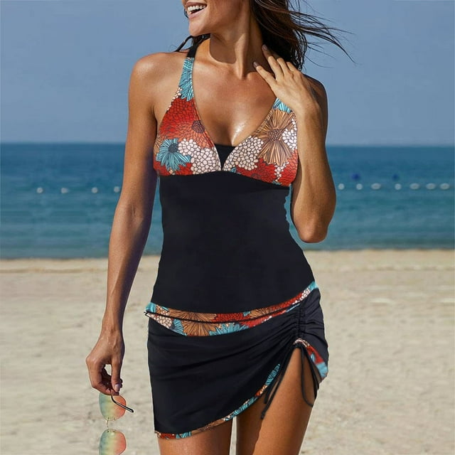 EGNMCR Bikini Set Swimsuits For Women Two Piece Bathing Suits Floral Print Tank Tops With Boyshorts Swimming Suits
