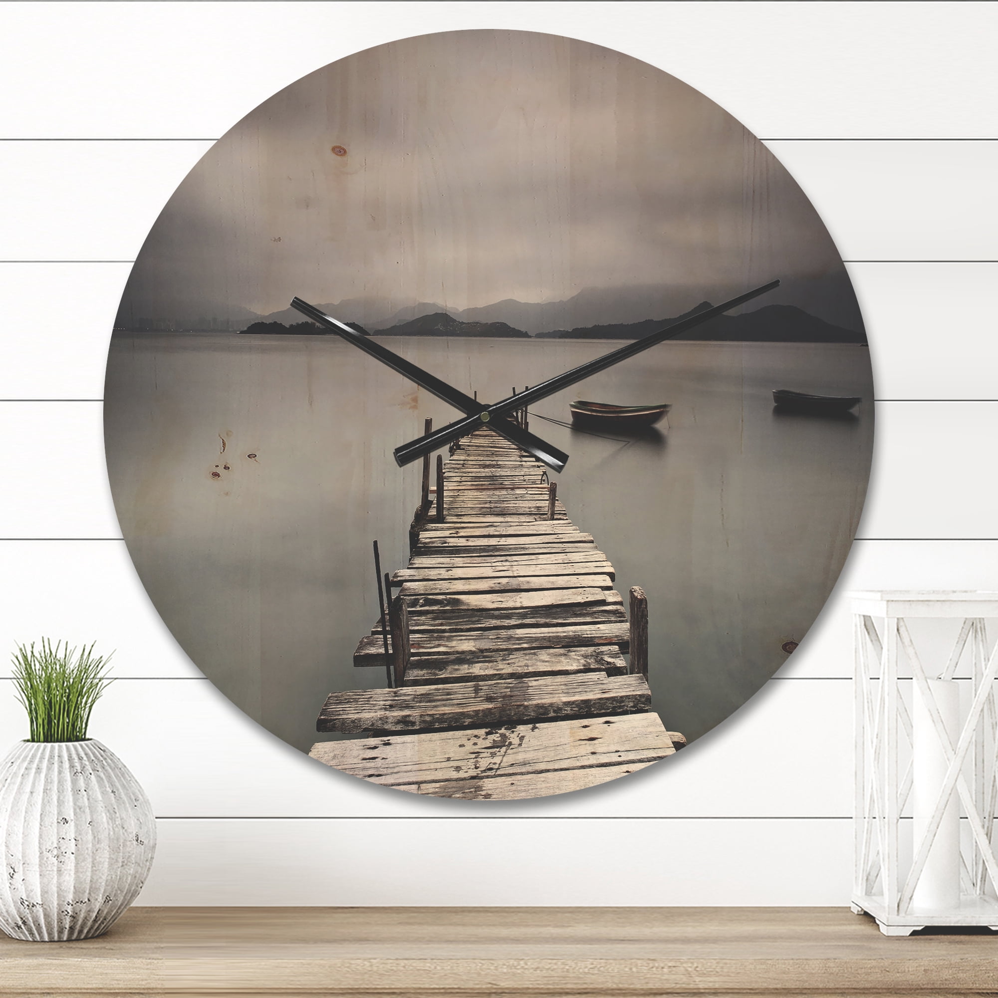 Designart 'Boats and Pier at Seashore' Modern Wood Wall Clock