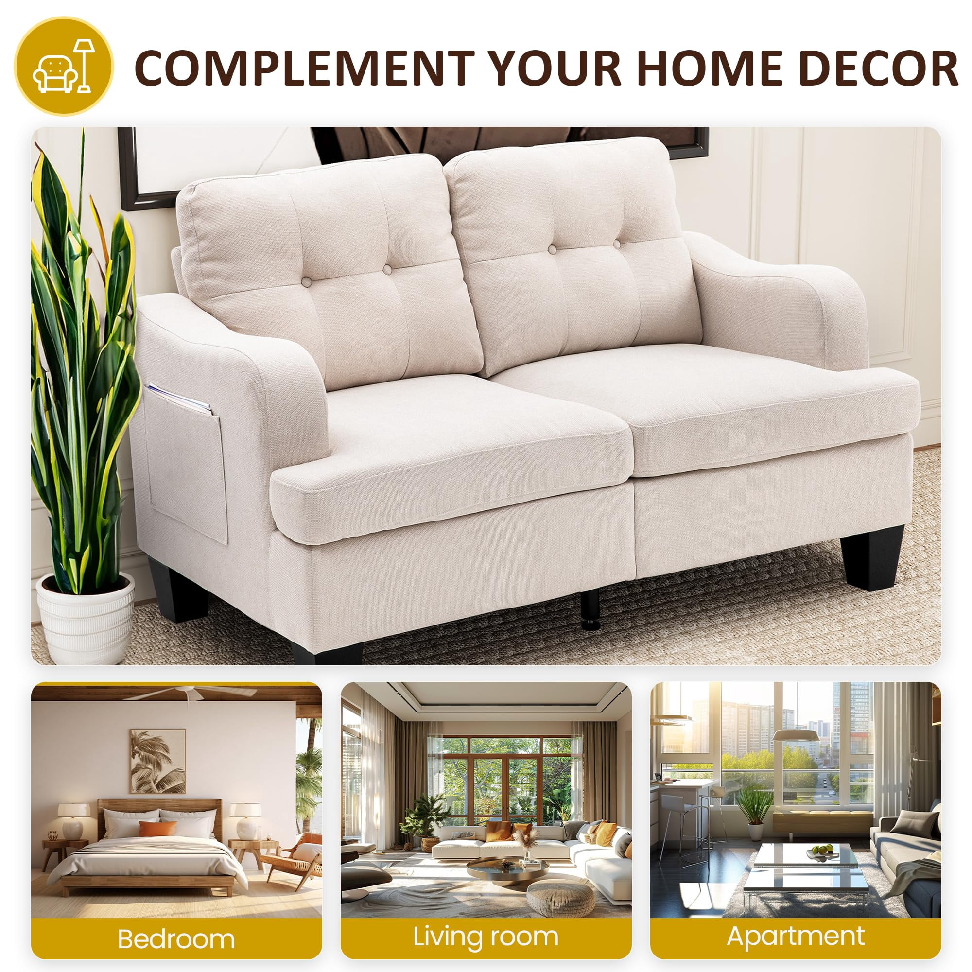 RoyalCraft Modular Sectional Sofa, Memory Foam, Button Tufted Designed, 2 Seats Sofa Couch for Living Room, Beige Velvet
