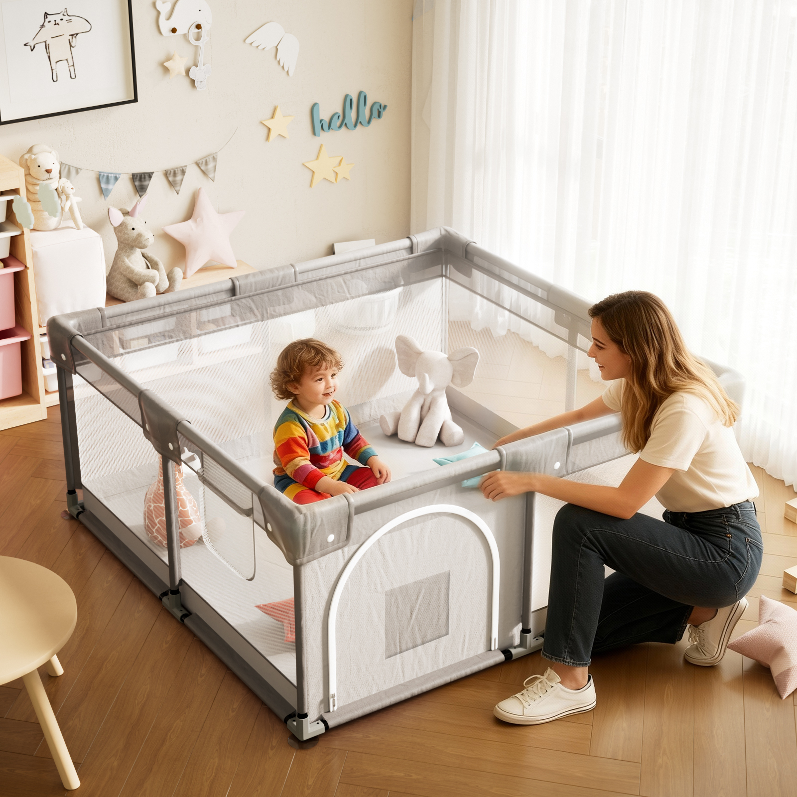 NimbleRest 58.5"x58.5" Large Baby Playpen Toddler Play Yards Safety Fence, Gray