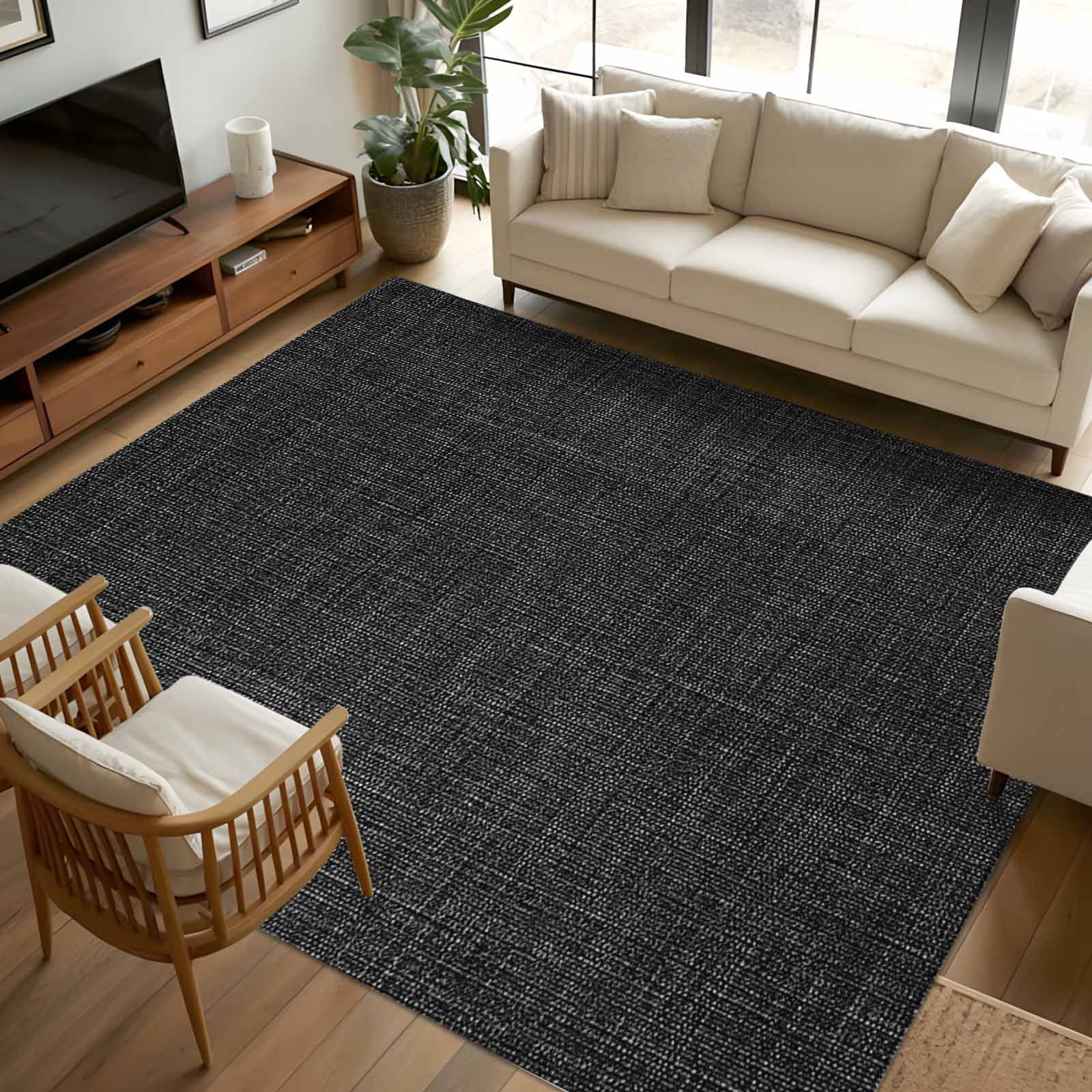 Black 8x10 Area Rugs, Farmhouse Burlap Solid Black Color Modern Linen Texture Non-Skid Rubber Backing Large Rectangle Rugs - Living Room Bedroom Home Office, Indoor Floor Mat Carpets Washable Rug