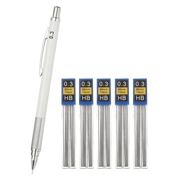 Uxcell Mechanical Pencil 0.3mm, Pencils Mechanical Holder Fine Point Automatic Metal Holder with 5Pcs Refills for Drawing Art Sketching Woodworking, White