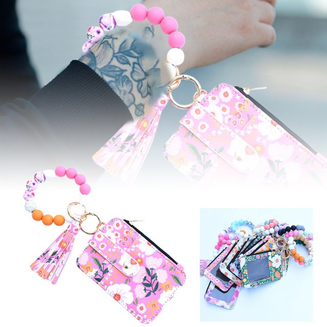 asddcavvf Silicone Bracelet Floral Folding Card Holder Printed Leather Wallet Keychain Includes Keyc