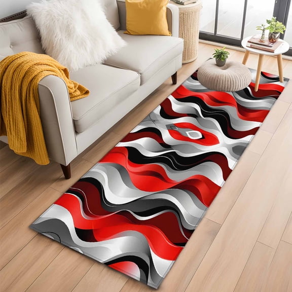 2'x6' Rug Runners for Hallways Kitchen, Red Black Grey Non Slip Entryway Beside Floor Carpet Runner, Geometric Moire Artwork Modern Abstract Laundry Room Bedroom Throw Rugs Mat for Family Pet