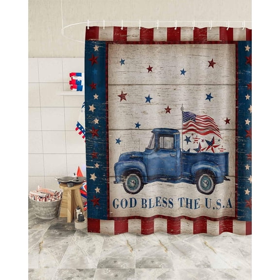 Independence Day Vintage Truck Shower Curtain, Rustic Wooden Texture Shower Curtain Set with Hooks, Summer Waterproof Fabric Shower Curtains for Bathroom Decor, 72x72 Inch Bath Curtain