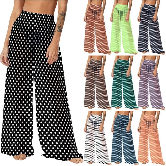 FRSASU Women's Chiffon Flowy Wide Leg Pants, Palazzo Beach Polka Dot Printed Lightweight Trousers for Vacation Casual Yoga White