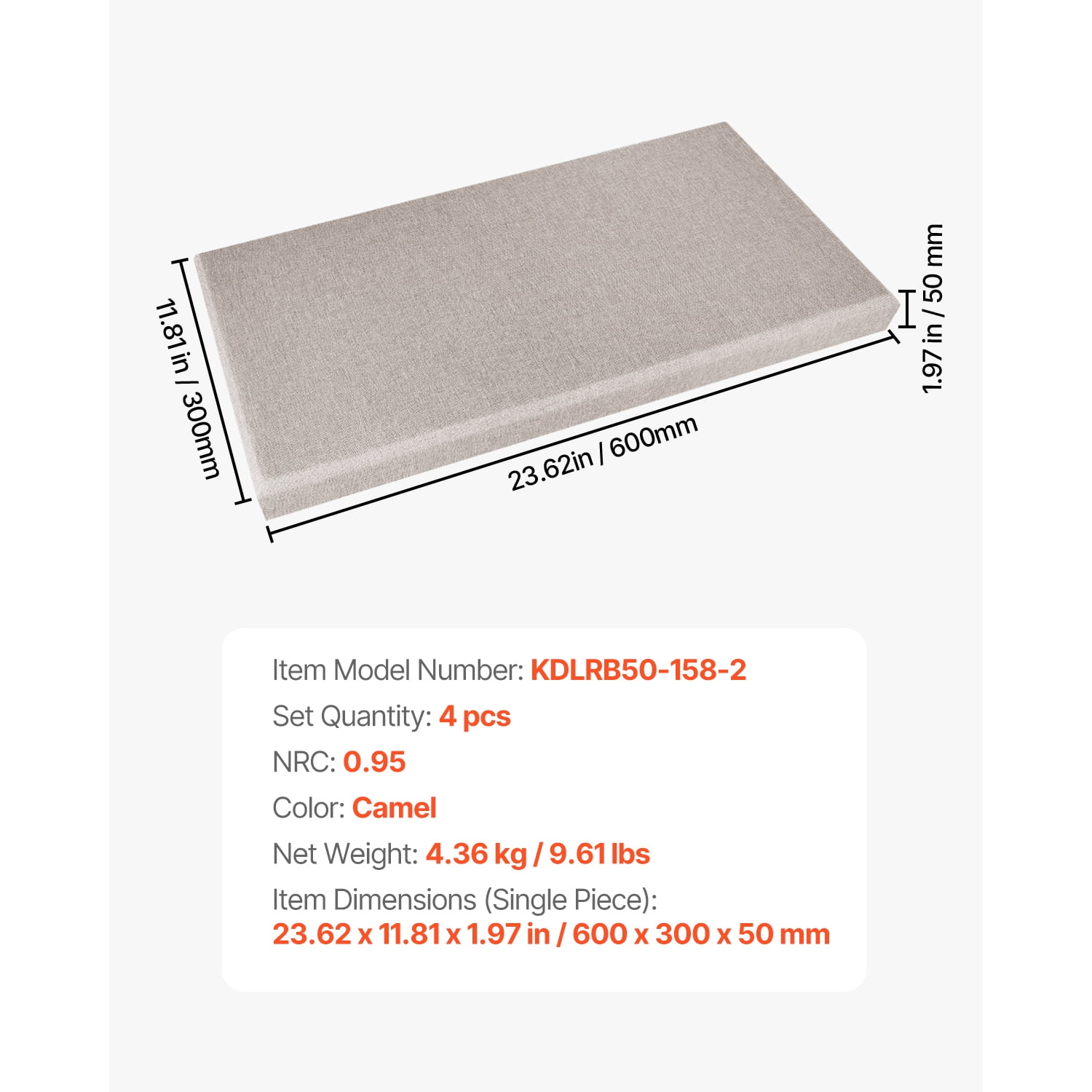 KFFKFF Set of 4 Acoustic Panels, 2-inch Thick, 23.6 x 11.8 inch Fiberglass Sound Absorbing Boards, Self-adhesive Soundproof Panels for Studios, Offices, Home Theaters, Meeting Rooms, Camel Color