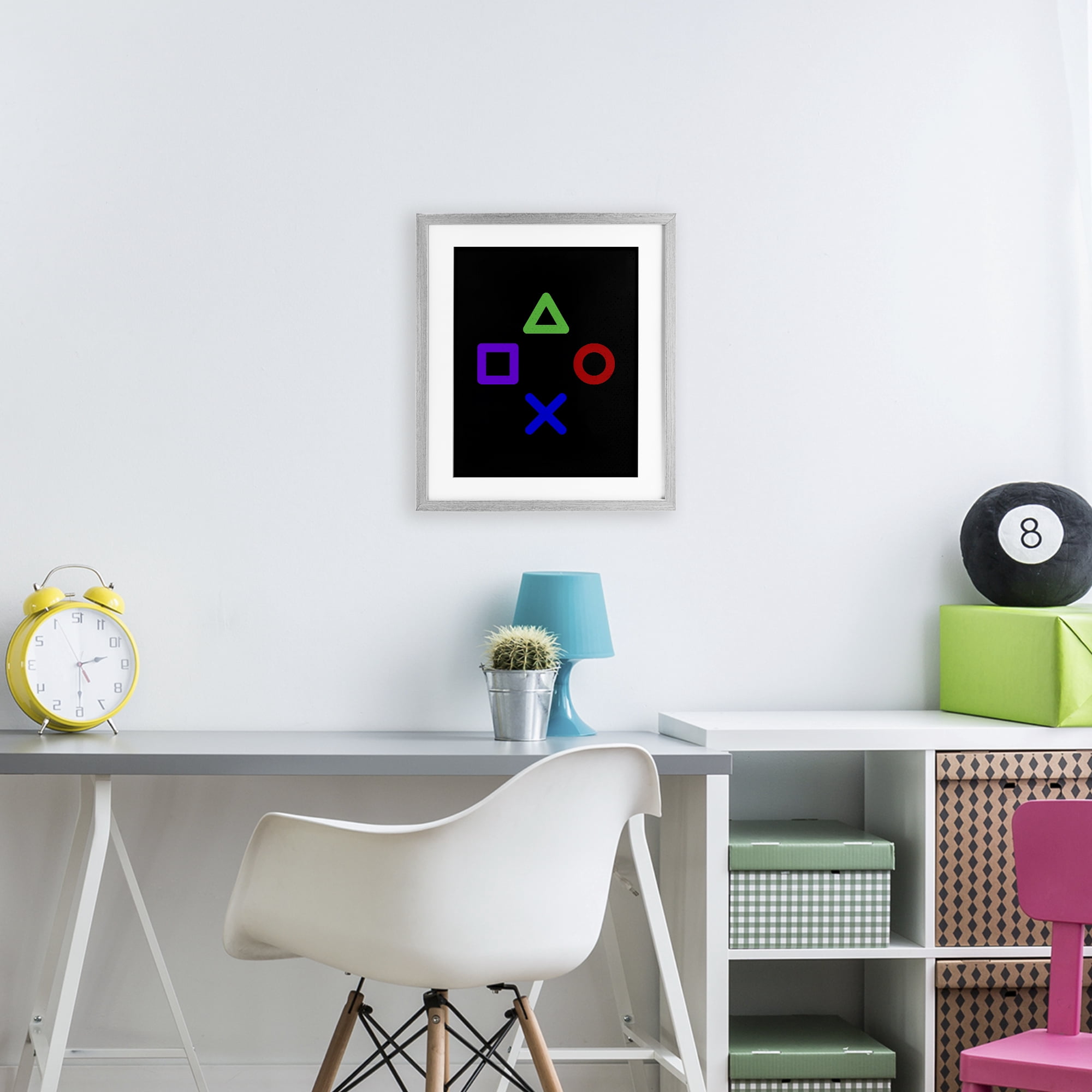 Game Button Shapes Gray Framed Print Under Glass, design by Kim Allen