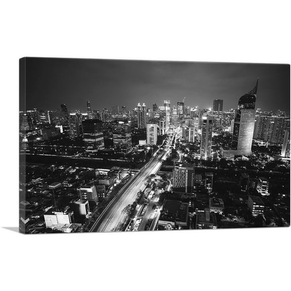 ARTCANVAS Jakarta Indonesia Black and White Skyline Canvas Art Print - Size: 40" x 26" (0.75" Deep)