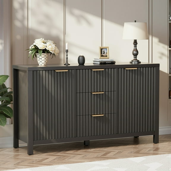 Opohoro Fluted Accent Cabinet, Credenza Sideboard with Drawers and Adjustable Shelves for Living Room, Dining Room, Entryway, Black