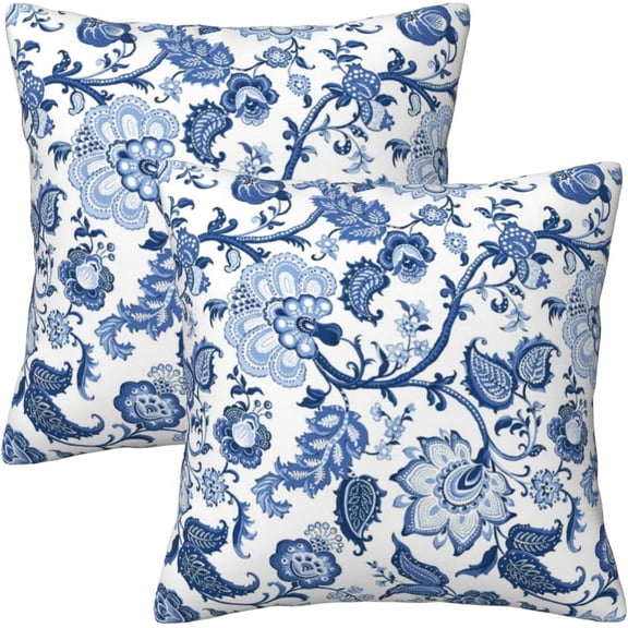 Blue and White Porcelain Throw Pillow Cover 18x18 in Floral Vintage Chinoiserie Pillow Case Sets of 2 Farmhouse Modern Home Decor for Couch Sofa Living Room Cushion Indoor Outdoor