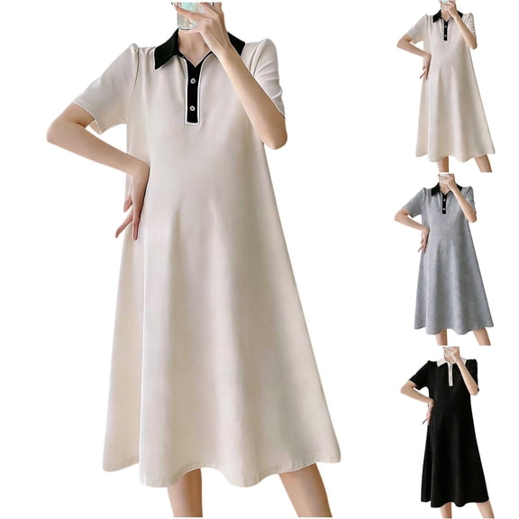 Sentmoon Maternity Dress Lapel Solid Color Long Dresses Short Sleeve Loose Fit Vacation Holiday Maxi Dress with Sleeves for Work and Office XL-3