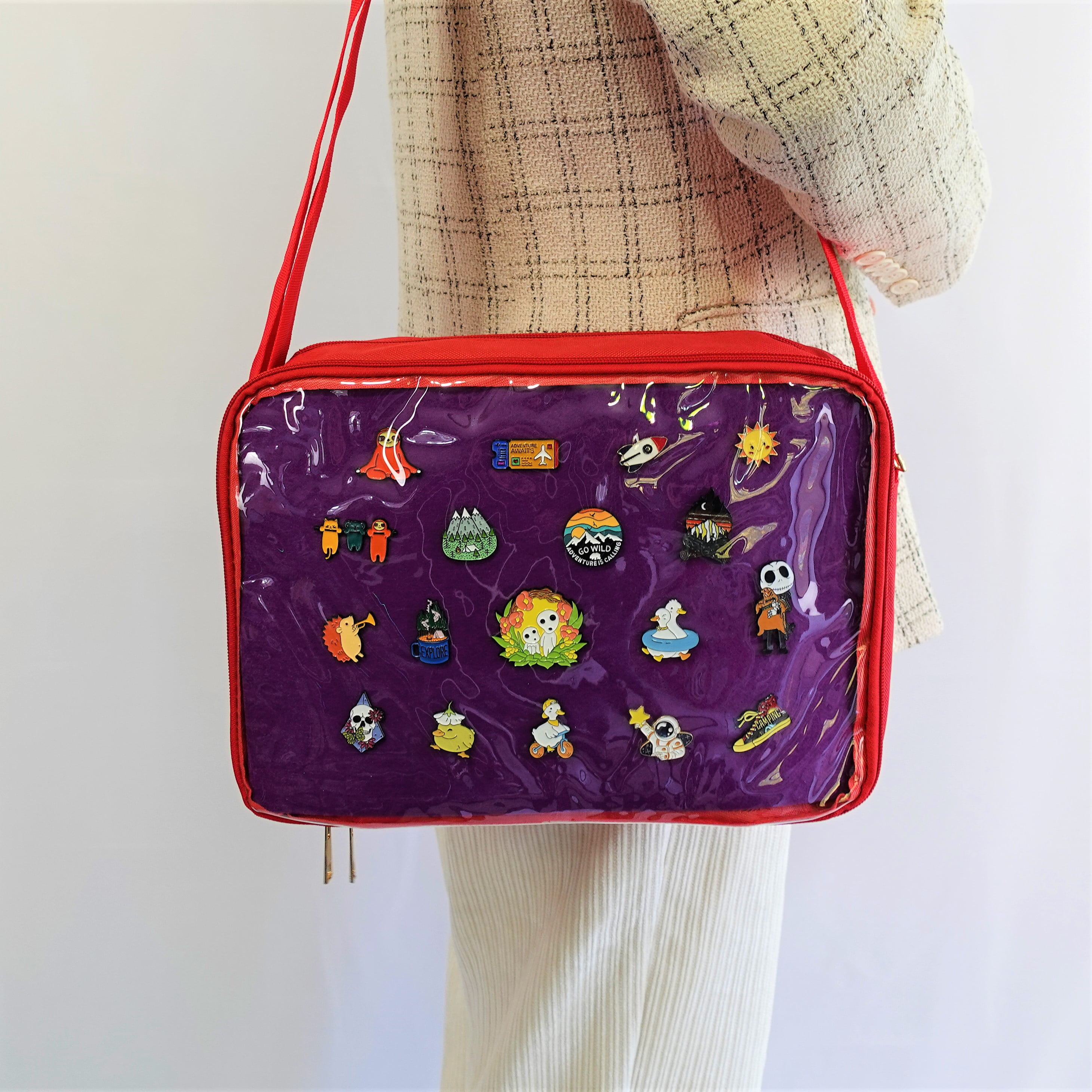 Multi-Color Ita Crossbody Bag and Multi-Color Insert, Ita Messenger Bag, Window Bag, Pin Purse, Pin Display Bag, Ita Bags, Pin Trading Bag, Itabag, Shoulder Ita Bag.