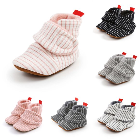 Xijirk Striped Rib Knit Lined Baby Ankle Booties Fold Over Pull Tab Warm Flexible Non Indoor Walking Shoes Pink,12-18 Months