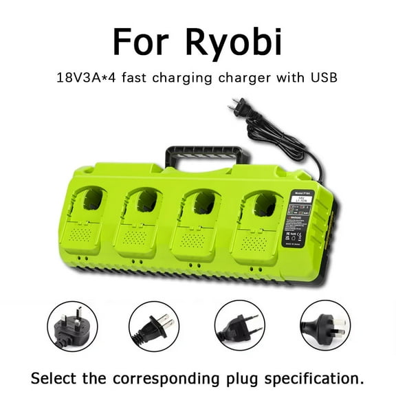 4-Port Replacement Charger for Ryobi P102 P104 P105 P106 P107 P108 ONE 12V-20V Ni-CD/Ni-MH/Li-ion Batteries with Dual USB