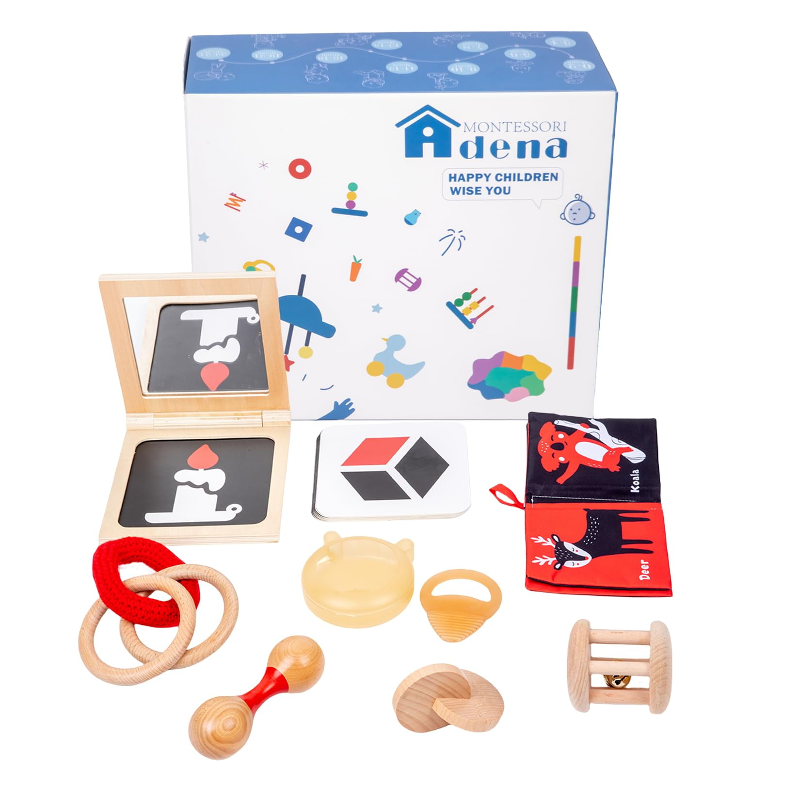 Montessori Baby Toys Play Kit for 3 to 4 Months 8 Piece Infant Learning Toys Sensory Toys with Mirror Book High Contrast Cards Teether Rings and Rattles