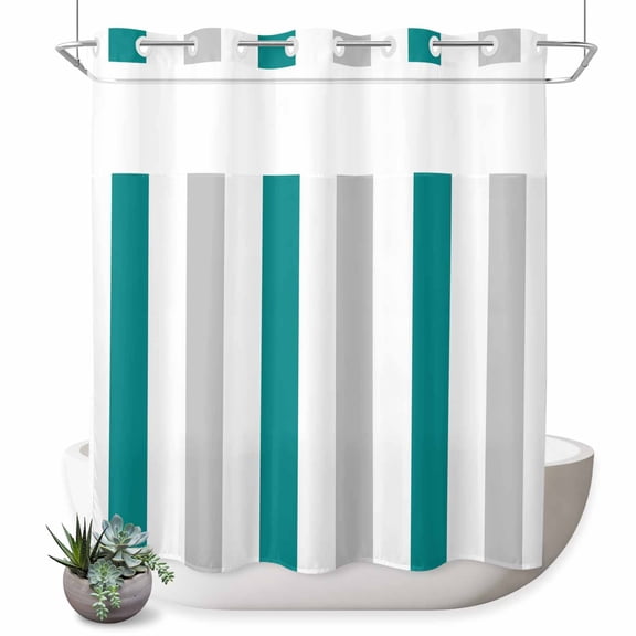 No Hook Shower Curtain with Built-in Rings - Striped Washable Waterproof Fabric Bathroom Curtains for Hotel,Rentals, 66 X 72 Inch Long , Pine Green White