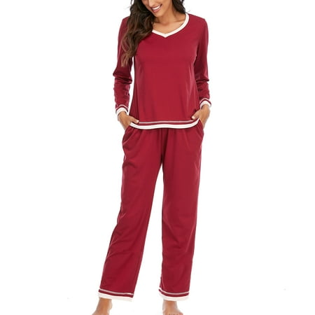 

JGTDBPO Two Piece Pajama Set For Women Long Sleeve Sleepwear With Long Pants Round Neck Soft Cotton Loungewear Pjs Set Causal Home Wear