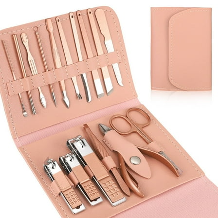 Abaima 16pcs Manicure Sets,Mini Pedicure Kit Nail Clippers,Professional Grooming Kit with PU Leather Case, Stainless Steel Trave Nail Care Tools(Pink)