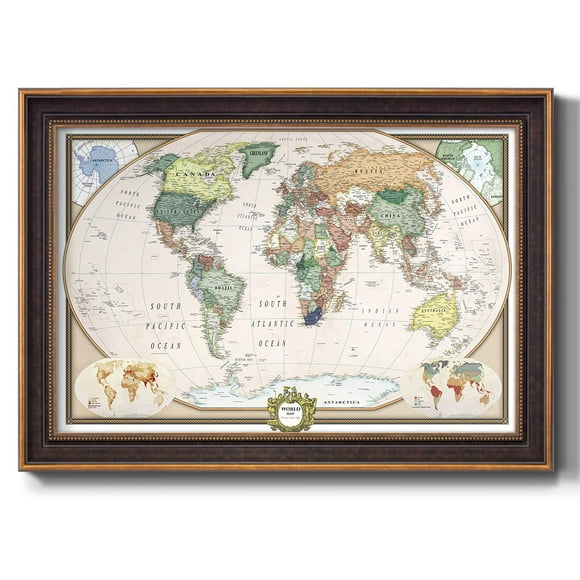Renditions Gallery Colorful World Map Canvas Wall Art with Gold and Walnut Frame Wall Hanging Travel Map with Push Pins for Home, Office, Classroom