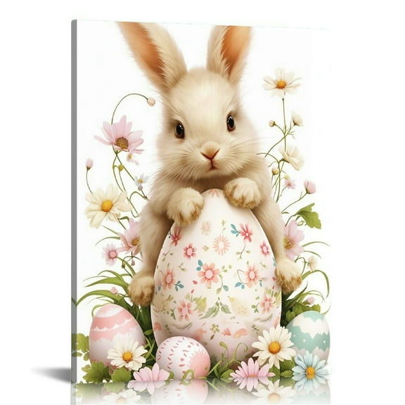 Vintage Easter Bunny Eggs Print Wall Art, Lovely Rabbit Picture Posters Wrapped Canvas Wall Decor Artwork Painting for Bedroom, Living Room,Bathroom, Office Classic Home Decor Easter Gifts