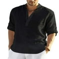 thumbnail image 1 of Men‘s Linen Shirts Solid Color Long Sleeve Stand Collar Button Tops, 1 of 5