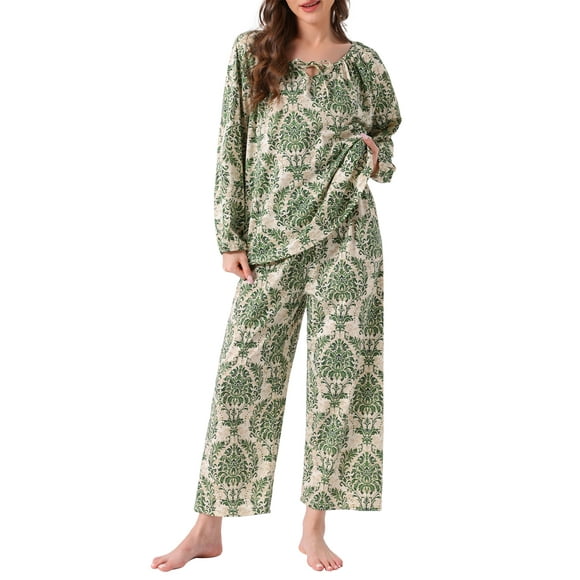 Conjunto de Pijamas para Mujeres de Manga Larga con Estampado Floral, Pulóver con Nudo Frontal, Pantalones Anchos Suaves de 2 Piezas, Color Blanco Floral