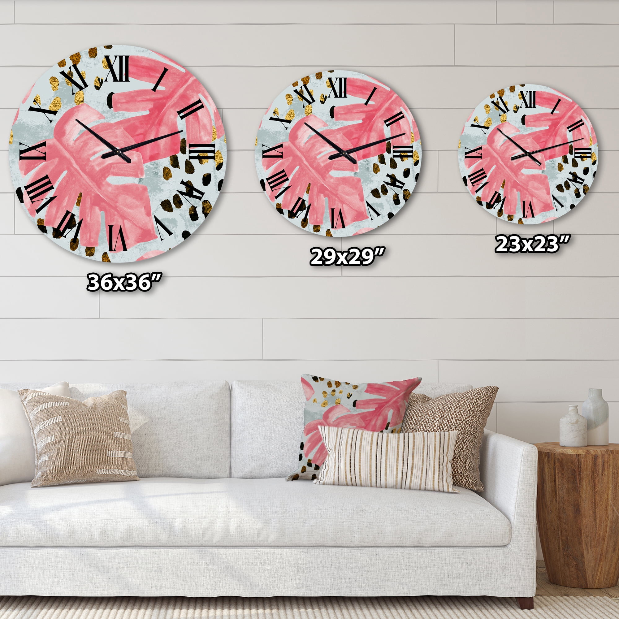 Designart 'Pink Colored Monstera On Rough Brush Strokes Ii' Tropical Wall Clock