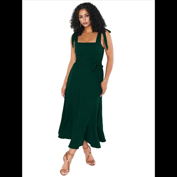 Vestido de Verano con Escote Cuadrado y Volantes para Mujer, Ideal para Bodas, Fiestas, Damas de y Salidas Nocturnas. Verde Oscuro L