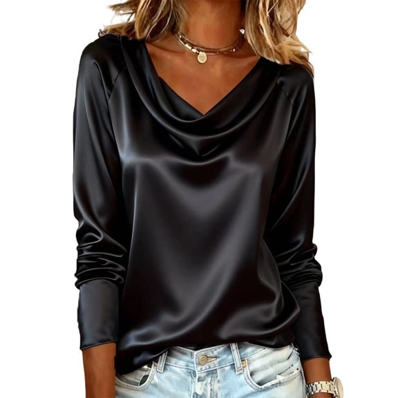 Garbnen Satin Shirts for Women Black Cowl Neck Long Sleeve Shirts Women Spring Summer Business Round Neck Womens Blouses