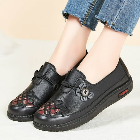 

uikmnh Women Shoes Fashion Autumn Women Casual Shoes Flat Soft Bottom Round Toe Flower Elastic Band Slip On Black 7