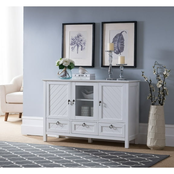 Newport Sideboard Buffet Console Table with Storage Cabinets, Drawers & Adjustable Shelves, White, Wood & Glass, Contemporary