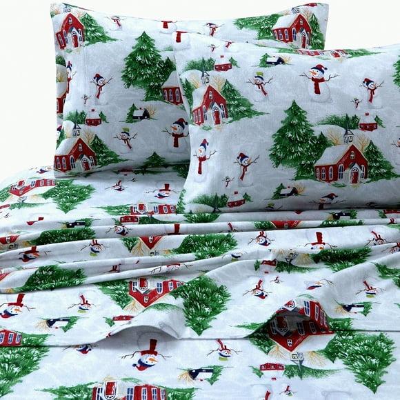 Festive Flannel Snowman Sheet Set - Red/Green Deep Pocket - Christmas Printed Bedding - Cozy Winter Holiday Decor - Twin/Full/Queen/King Size