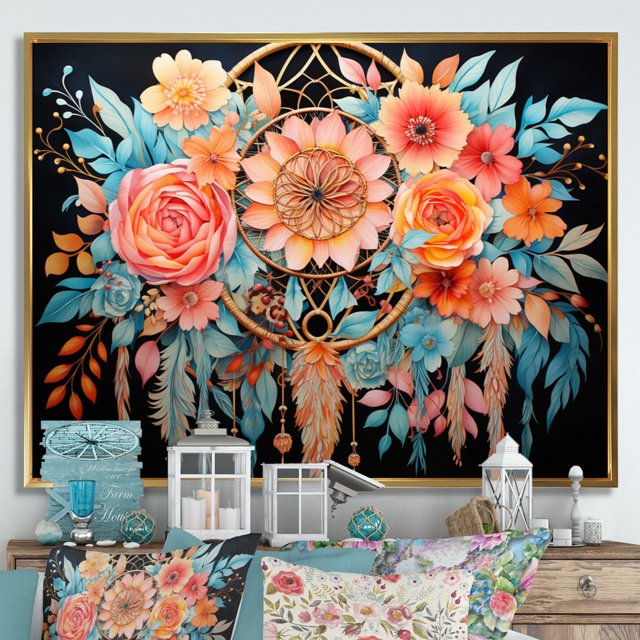 Designart art Mural Encadré Corail Traditionnel Or, Attrape-Rêves Encadré art Mural, Rêves en Corail Attrape-Rêves, Décoration Murale Encadrée Attrape-Rêves, Cadre Doré 20x12 Pouces