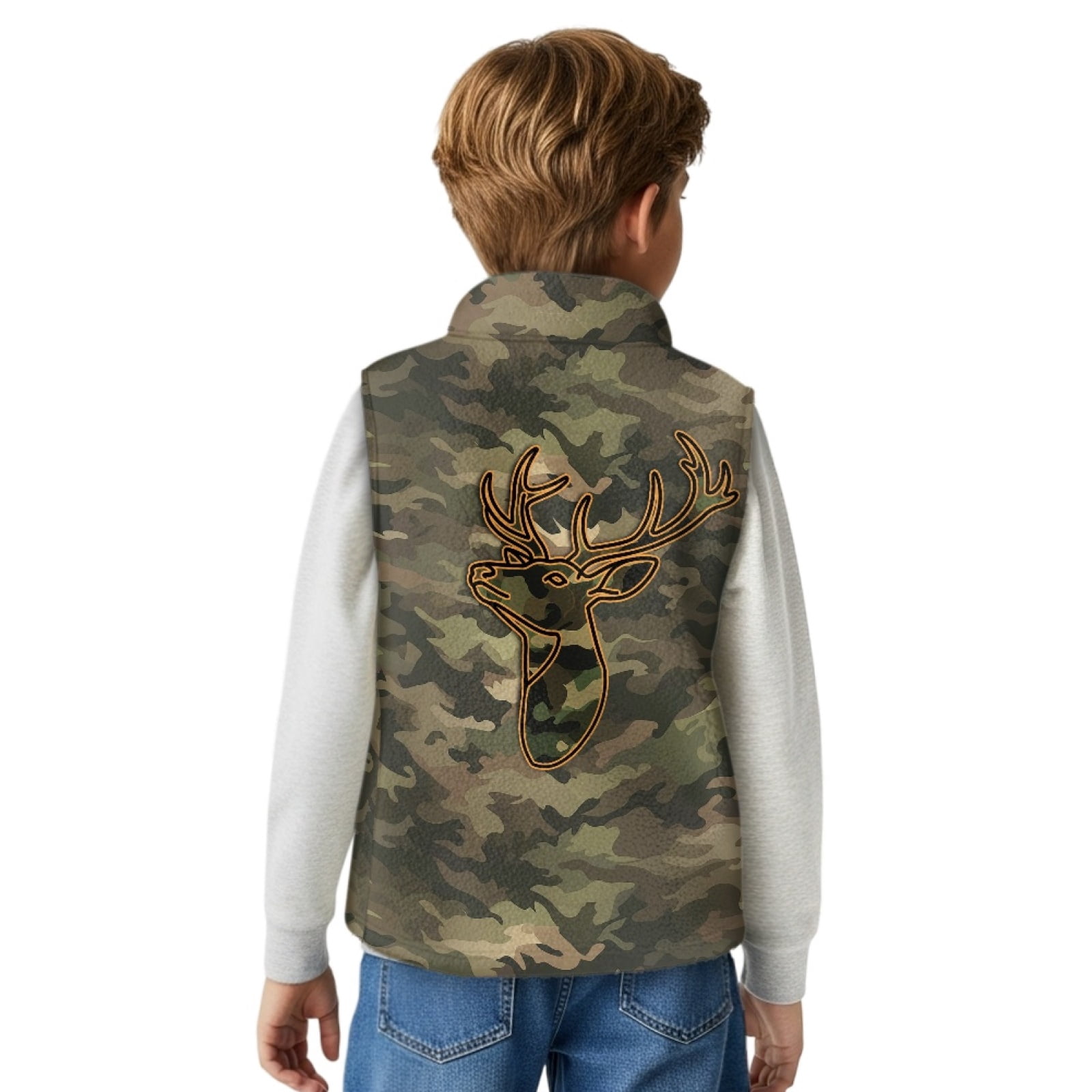 Xoenoiee Deer Camo Print Boys Lightweight Fleece Vest, Full Zip Sleeveless Outerwear for Fall Winter Spring, Running Hiking Jacket with Pockets, Size 3T