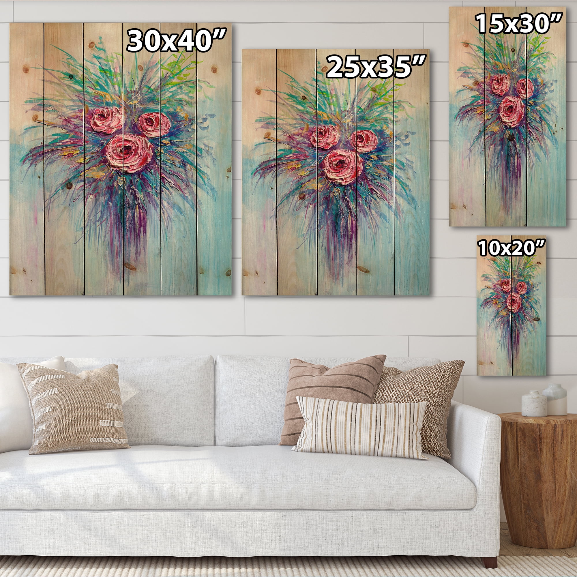 Designart 'Bouquet Of Red Roses In A Vase On Blue' Traditional Print on Natural Pine Wood