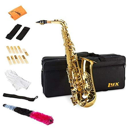LyxJam Alto Saxophone – E Flat Brass Sax Beginners Kit, Mouthpiece, Neck Strap, Cleaning Cloth Rod, Gloves, Cork Grease, Hard Carrying Case w/ Removable Straps, Maintenance Guide – 10 BONUS