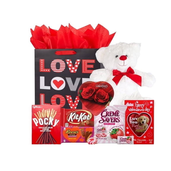 Valentines Day Gift Basket Set | Teddy Bear Plush (RED OR WHITE), Elmer Heart Chocolate, Milk Chocolate Bar, Kit Kat Bar, Glico Pocky Chocolate Sticks, Creme Savers Candy, Resees Chocolate P