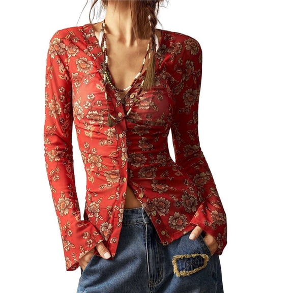 Button Down Shirts for Women Fall Fashion 2025 V Neck Long Sleeve Blouse Ruched Mesh Fitted Floral Print Boho Tops Red S