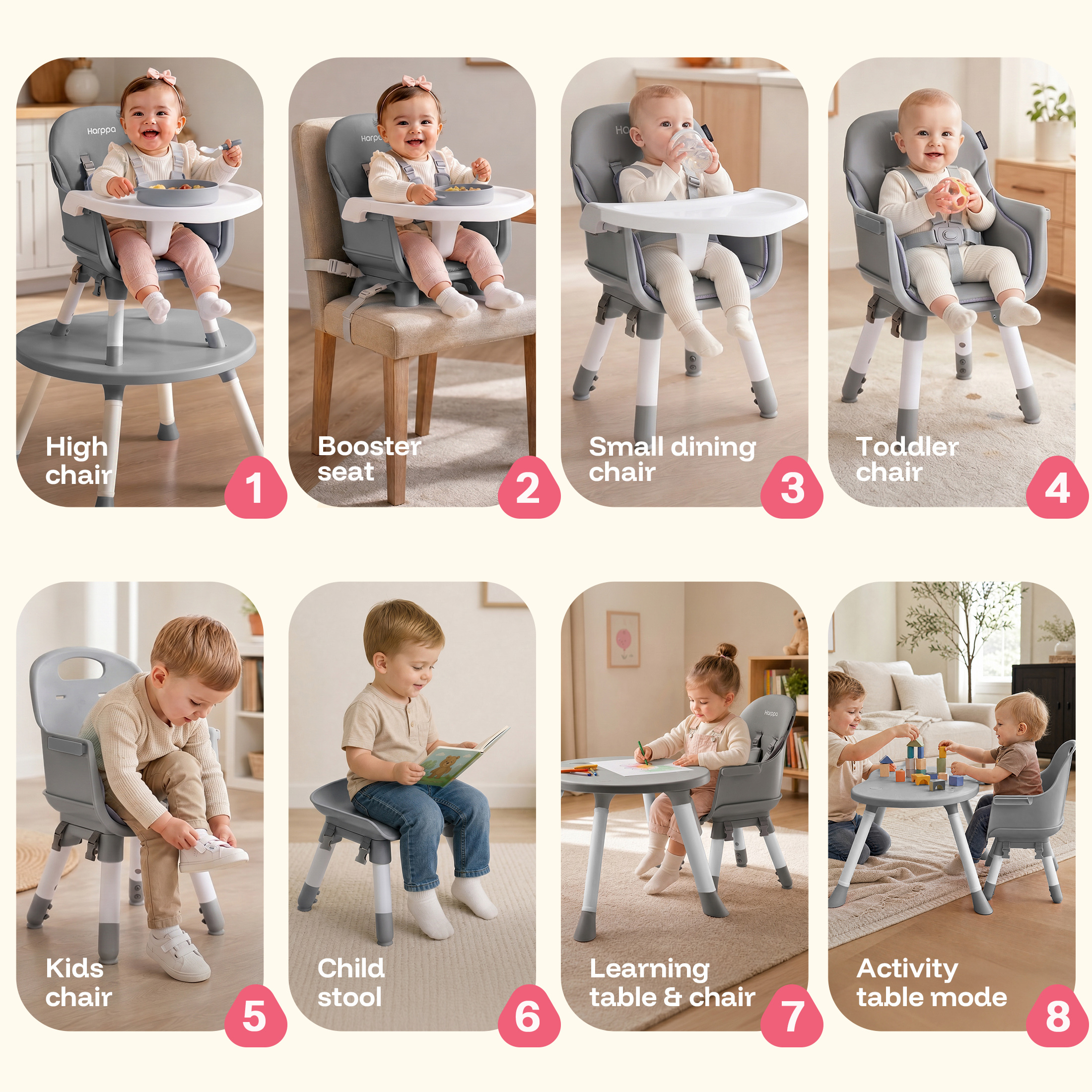 Harppa 8-in-1 Convertible Baby High Chair, Gray photo 2