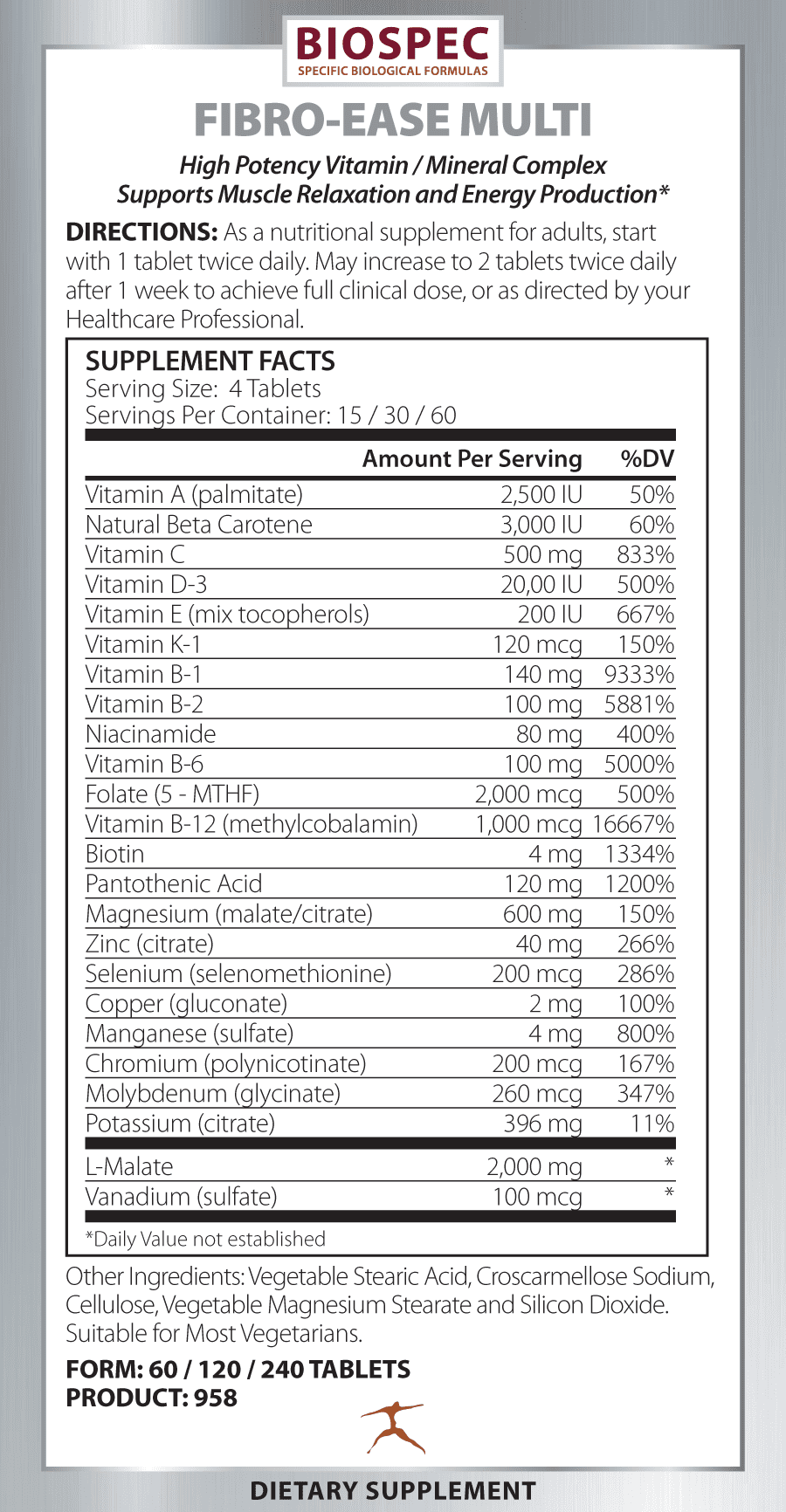Biospec Nutritionals Fibro-Ease Multi - Contains Essential Vitamins & Minerals - Support Energy Production & General Health