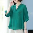 thumbnail image 2 of Cotton Linen Shirts for Women Short Sleeve Button V Neck Tunic Tops Floral Embroidered Blouses Elegant Casual Loose Summer Tops Going Out Tee Shirt, 2 of 4