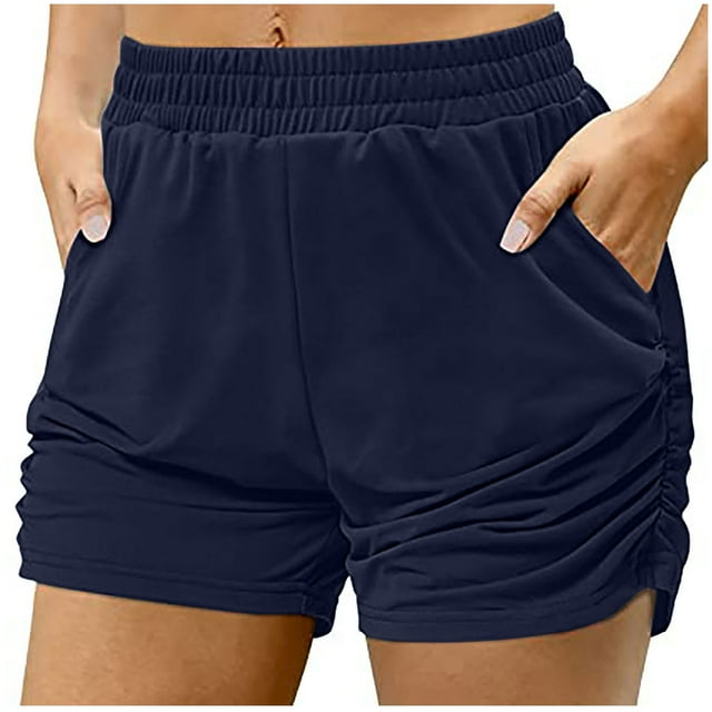 Timegard Womens Sweatshorts Plus Size Elastic Waisted Side Ruched Athletic Workout Gym Shorts with Pockets