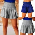 thumbnail image 2 of Women Smocked Elastic High Waist Wide Leg Short Pant Party Club Sparkly Metallic Pleated Ruffle Hem Flowy Hot Shorts, 2 of 9