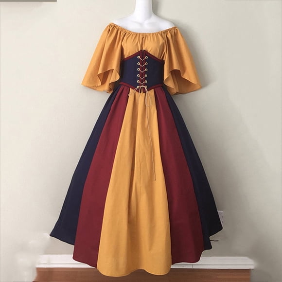 Lace Neck Slas Mediev Gothic Al Vintage H Patchwork Women Dress Women‘s Dress clothing for women L Coffee