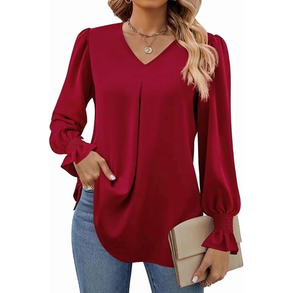 SOMER Blouses for Women Dressy Casual Ruffle Chiffon Long Sleeve Tops V Neck Loose Chiffon Work Blouse with Smocked Cuffs 2025