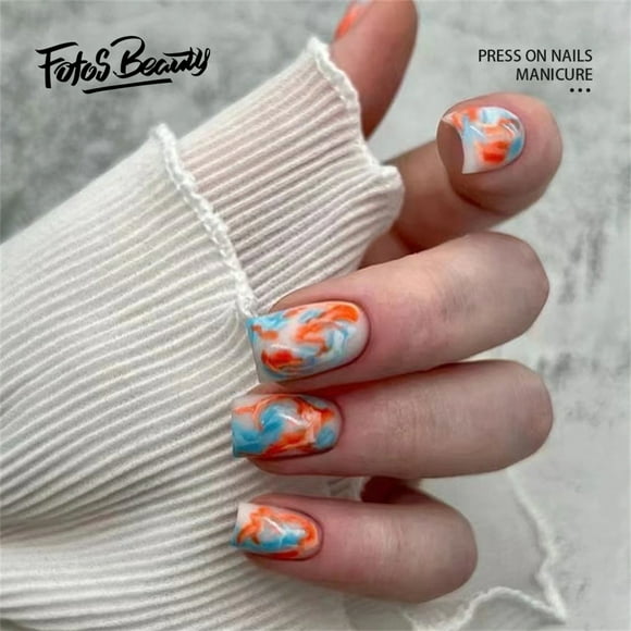 Fofosbeauty 24 pcs Press-on Acrylic False Nails, Nails Tips Designs 2023, Coffin Sunset Smudges Blue Orange